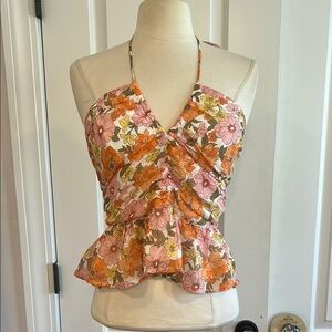 New Aqua Floral Halter Top - with Pink and Orange flowers in perfect condition